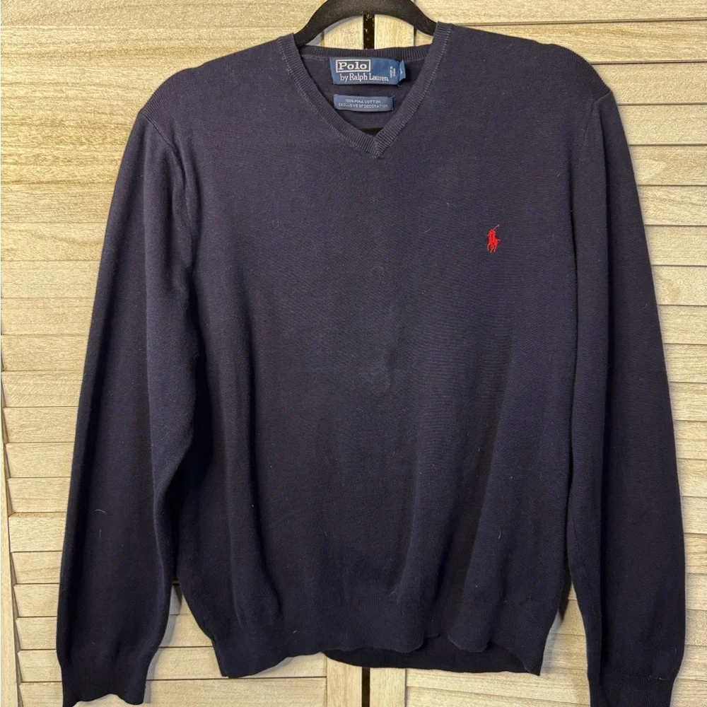 Polo Ralph Lauren V Neck Sweater Men Large Navy Merino Wool Pony Preppy Classic